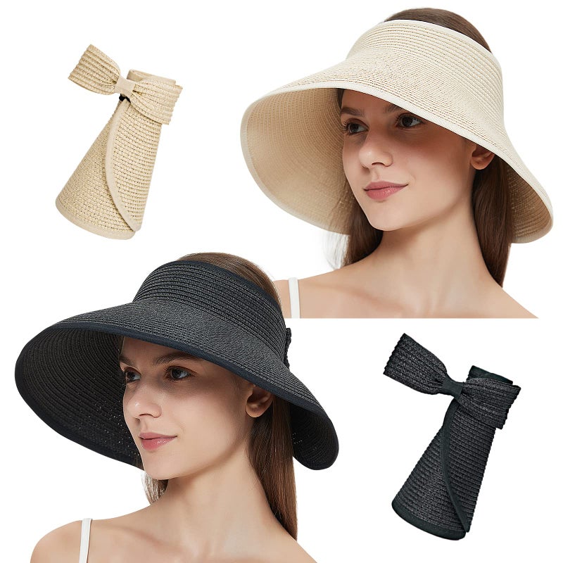 MAYLISACC 2 Pack Wide Brimmed Sun Protection UPF50+ Straw Sun Visor Hats with Cute Bowtie for Women Foldable Packable Black&Beige - Image 1